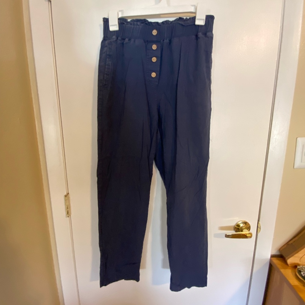 Navy Blue Linen Paperbag Pants